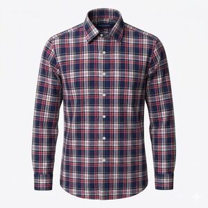 Proper Cloth Men's LARGE Classic Navy Tomato Plaid Madras Cotton Shirt - CJ